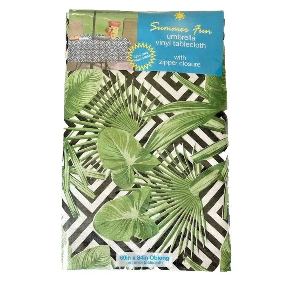 Palm Leaf Tablecloth Zipper Umbrella Hole Flannel Backed Vinyl Beach 52x70”